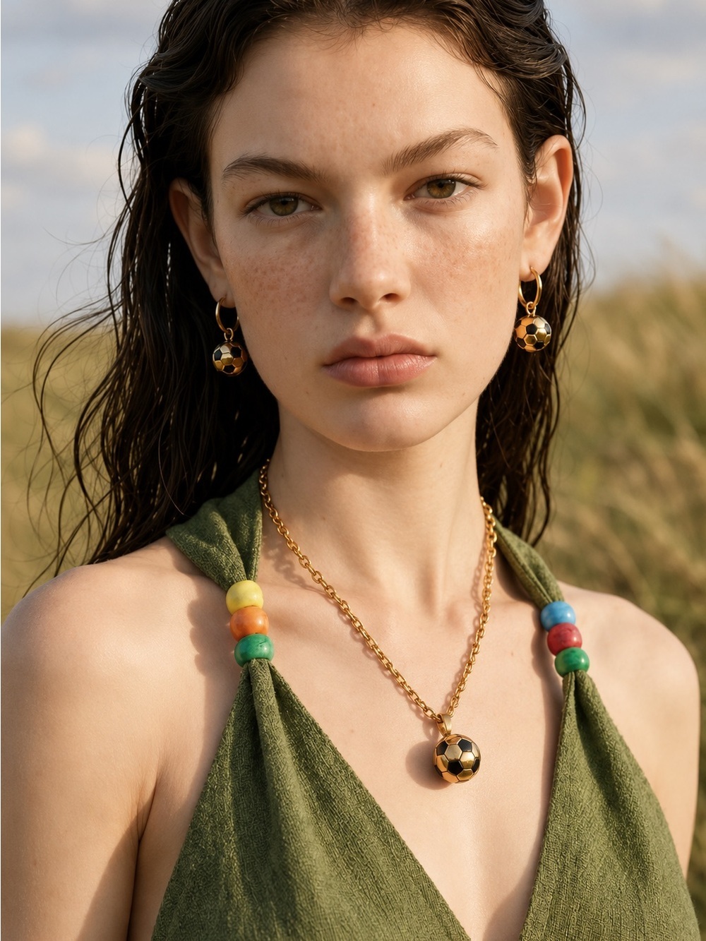 Gold and Black Soccer Ball Pendant Necklace with Matching Hoops - Picture 3 of 11